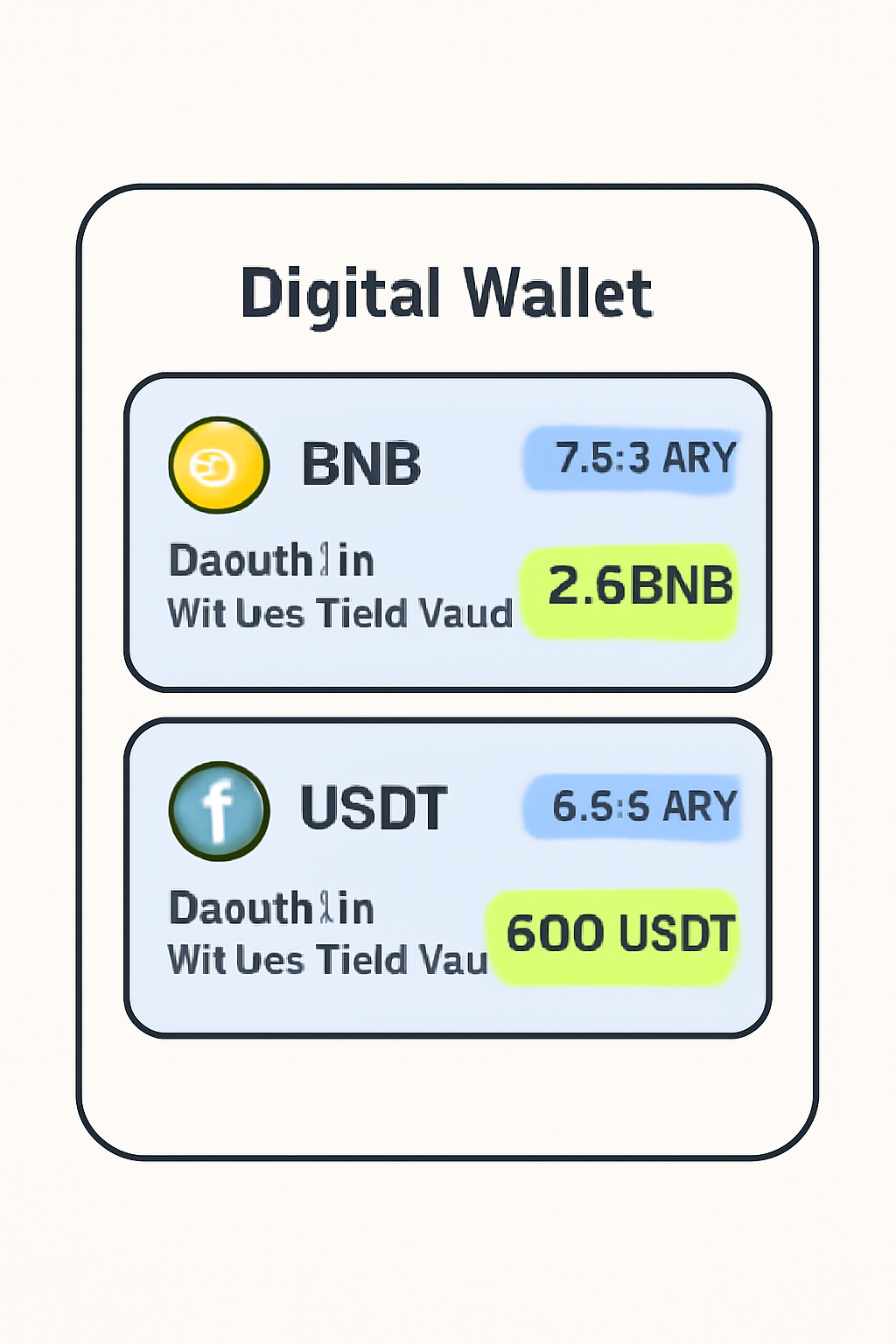 A digital wallet interface showing deposits of BNB and USDT into Mitosis Yield Vaults, with APY rates and deposit amounts highlighted.