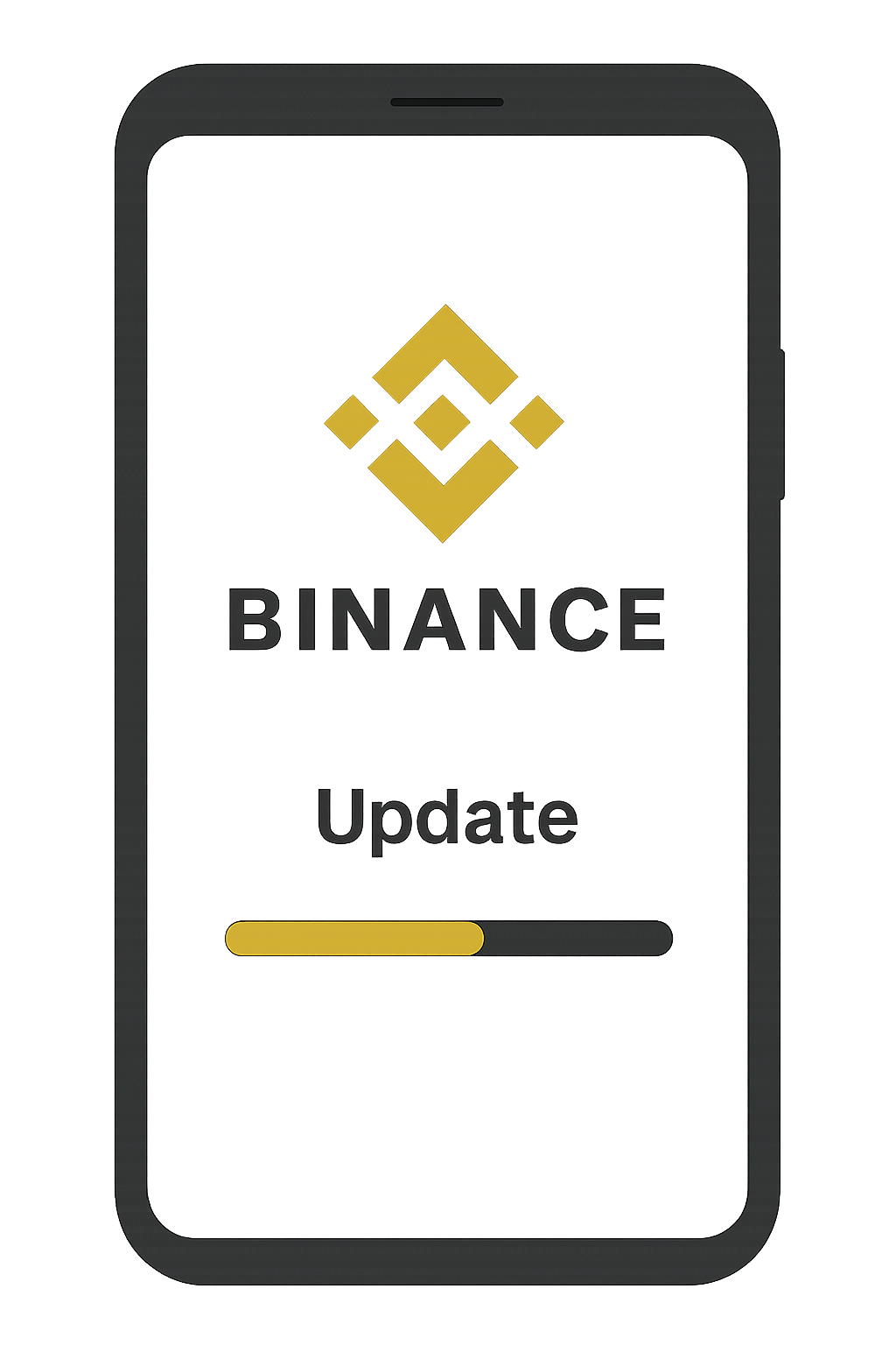 A smartphone displaying the Binance app update screen, with a progress bar and the Binance logo prominent.