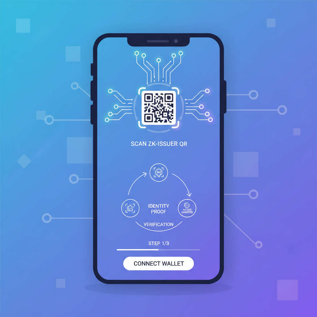 mobile wallet interface connecting to ZK issuer network, QR code scan, blockchain nodes linking, vibrant digital identity flow
