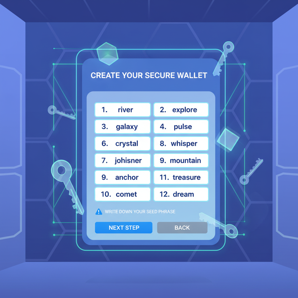 wallet creation screen with mnemonic seed phrase display, secure vault background, holographic keys floating, professional tech illustration