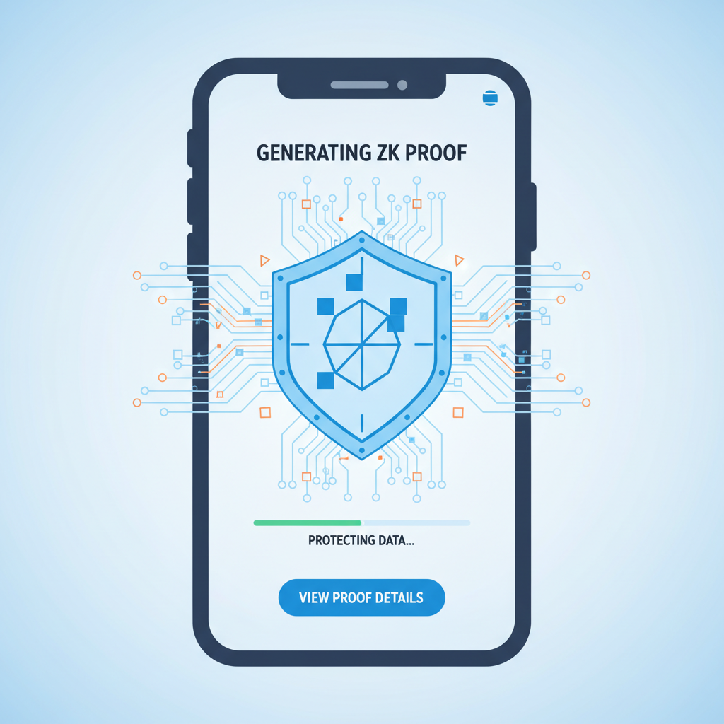 generating ZK proof in wallet app, cryptographic proof visualization, zero-knowledge shield protecting data, abstract math circuits glowing