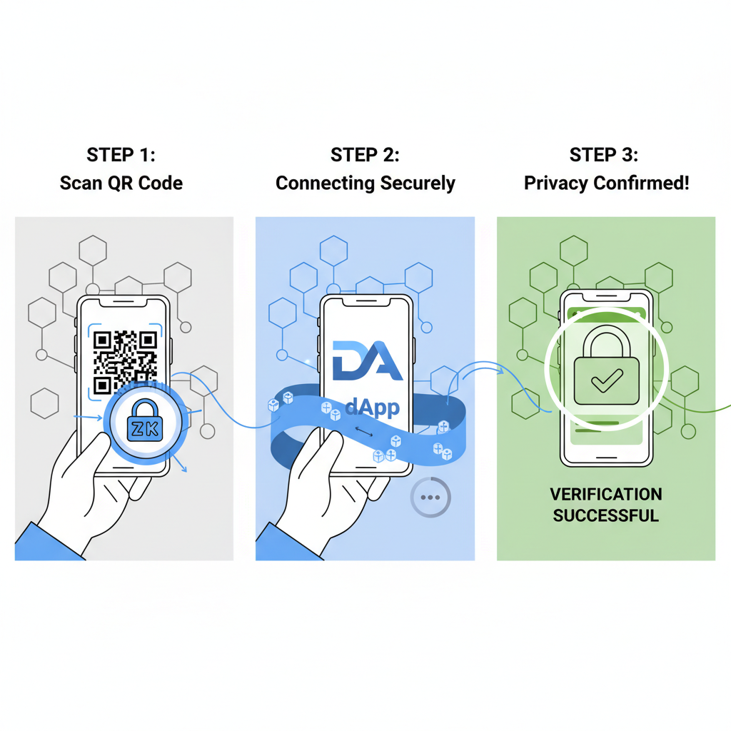 DeFi dApp verification via QR scan from ZK wallet, seamless connection animation, privacy lock icon confirmed, Web3 dashboard background