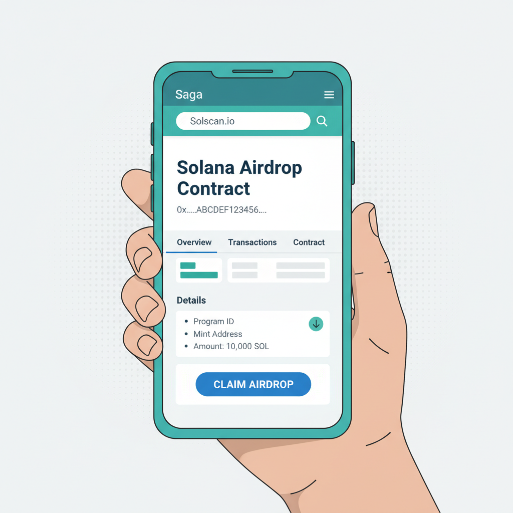 Saga phone browser open to Solscan explorer showing Solana airdrop contract details