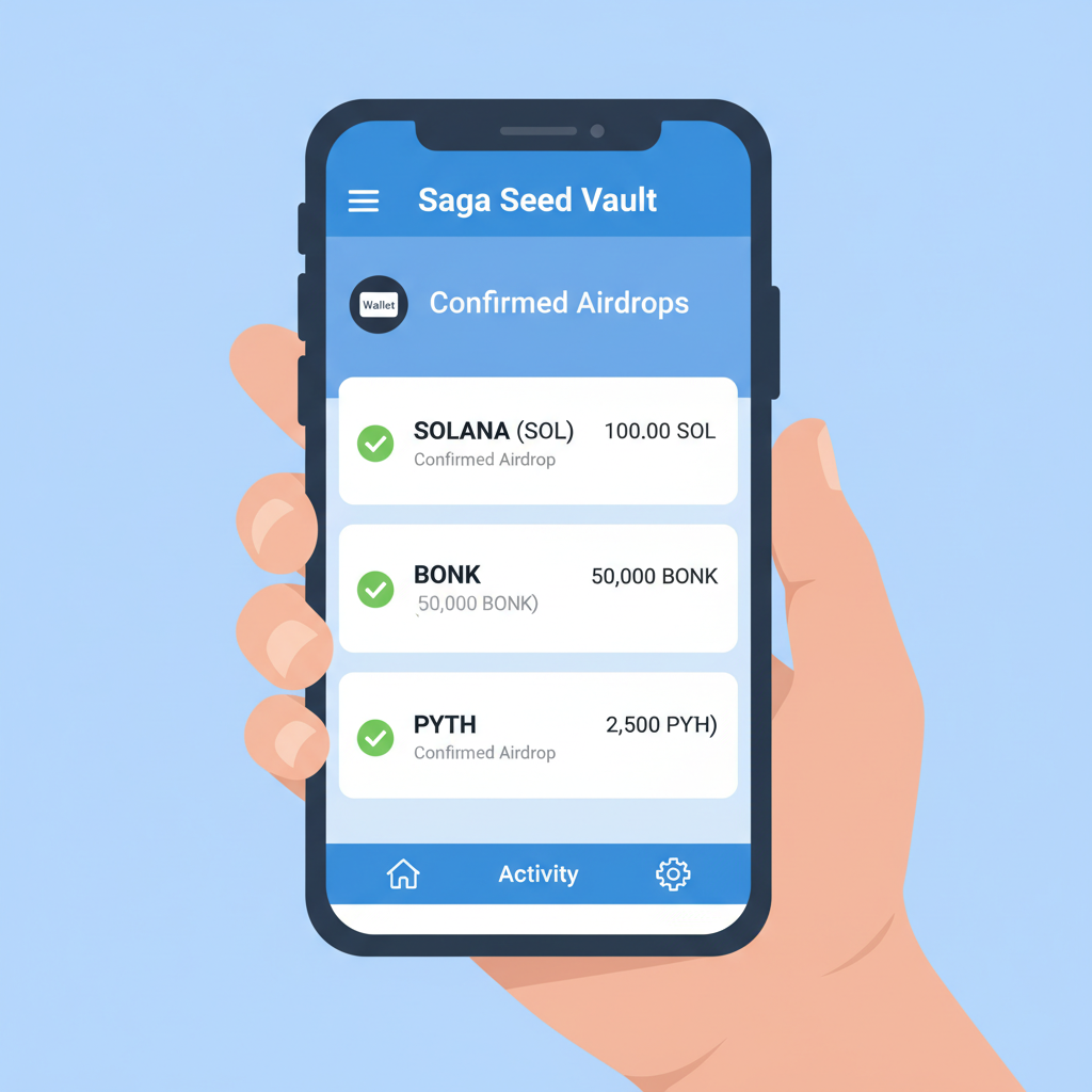 Saga Seed Vault wallet showing confirmed Solana airdrop tokens receipt