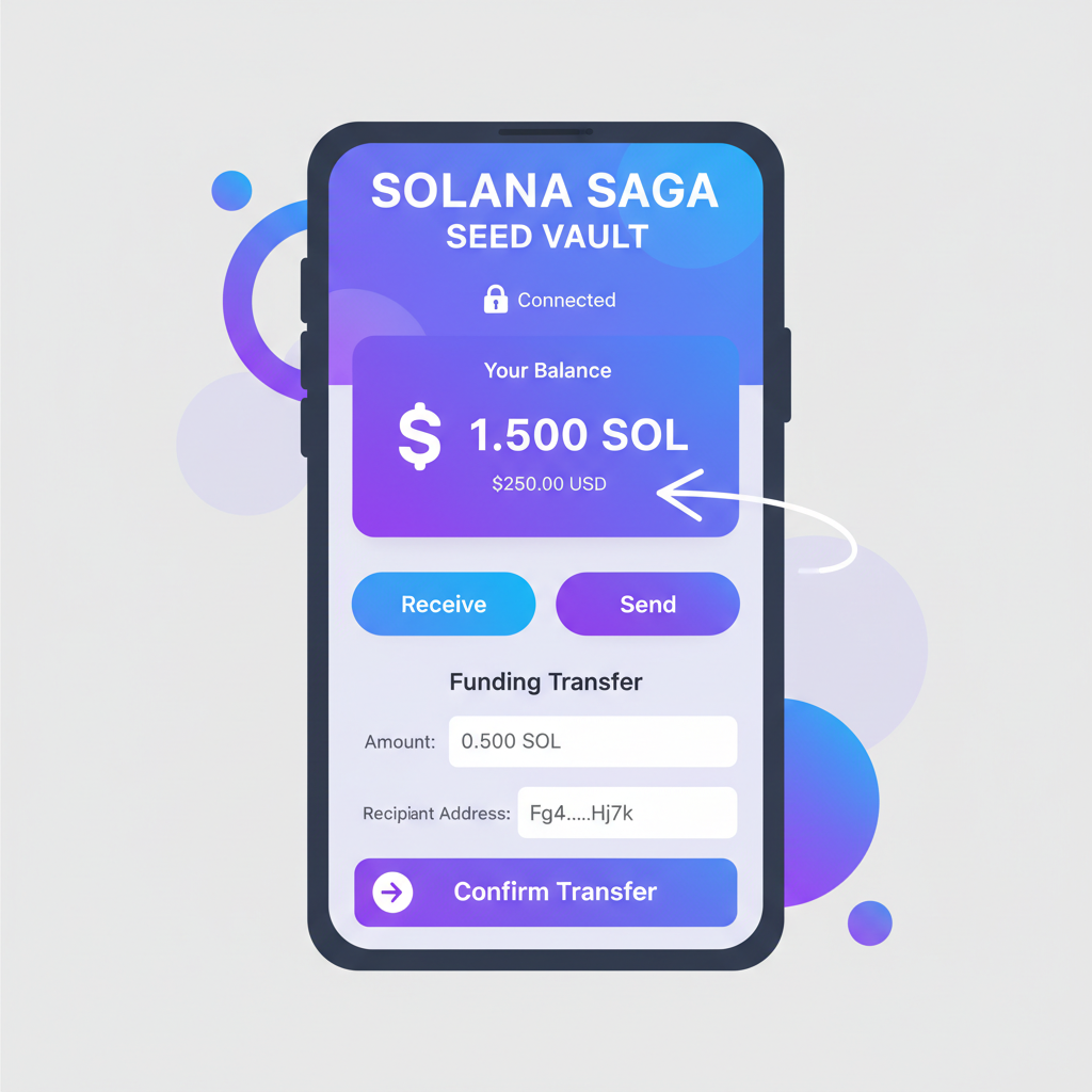 Solana Saga Seed Vault wallet screen showing SOL balance funding transfer