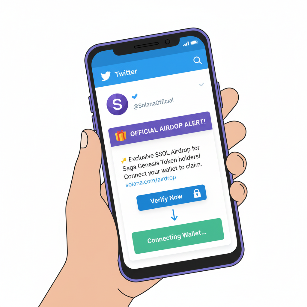 Solana Saga phone displaying Twitter app verifying official airdrop tweet