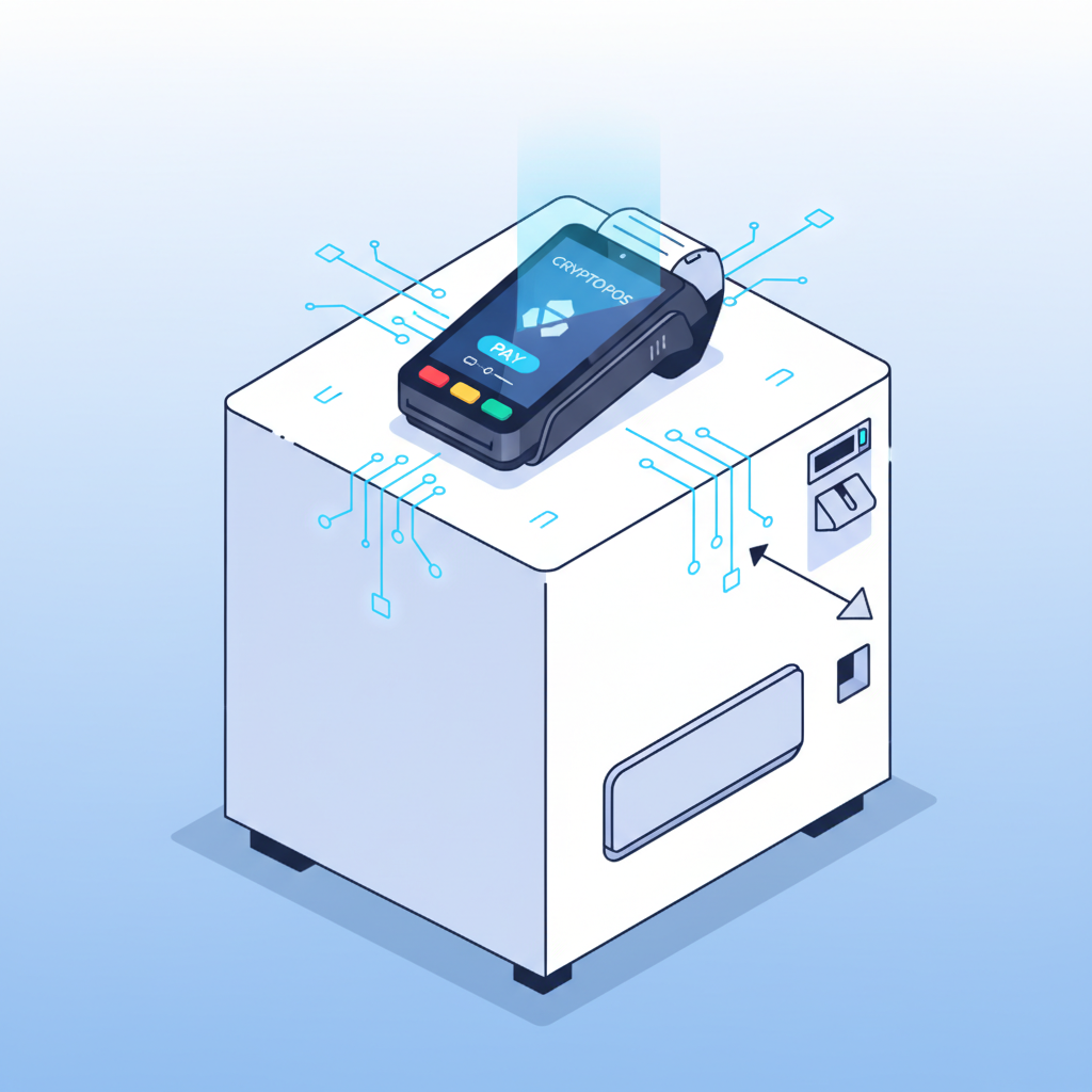 sleek CryptoPOS HQ terminal unboxed on vending machine table, glowing screen, futuristic blue lights