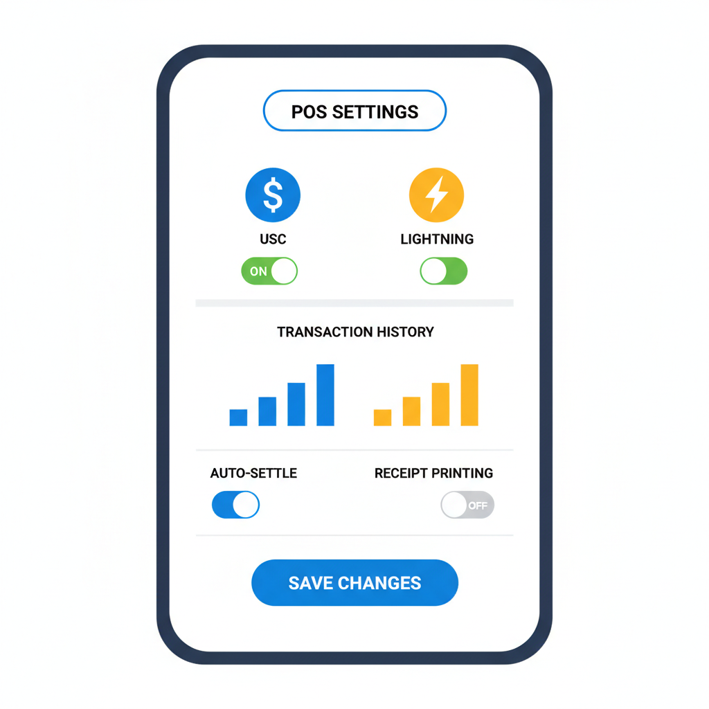 smartphone screen showing POS config menu for USDC and Lightning, graphs and toggles, vibrant interface