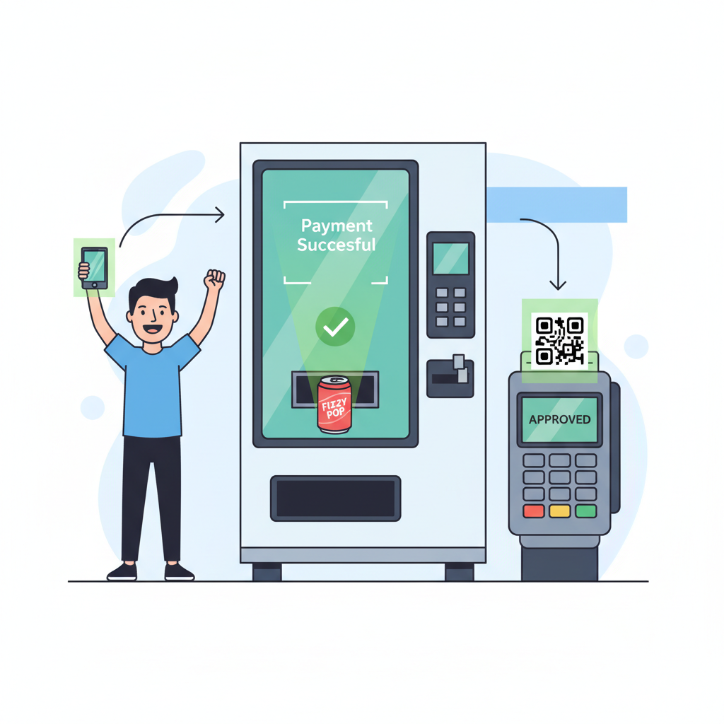 vending machine dispensing soda after QR scan payment, POS terminal glowing green success, excited user