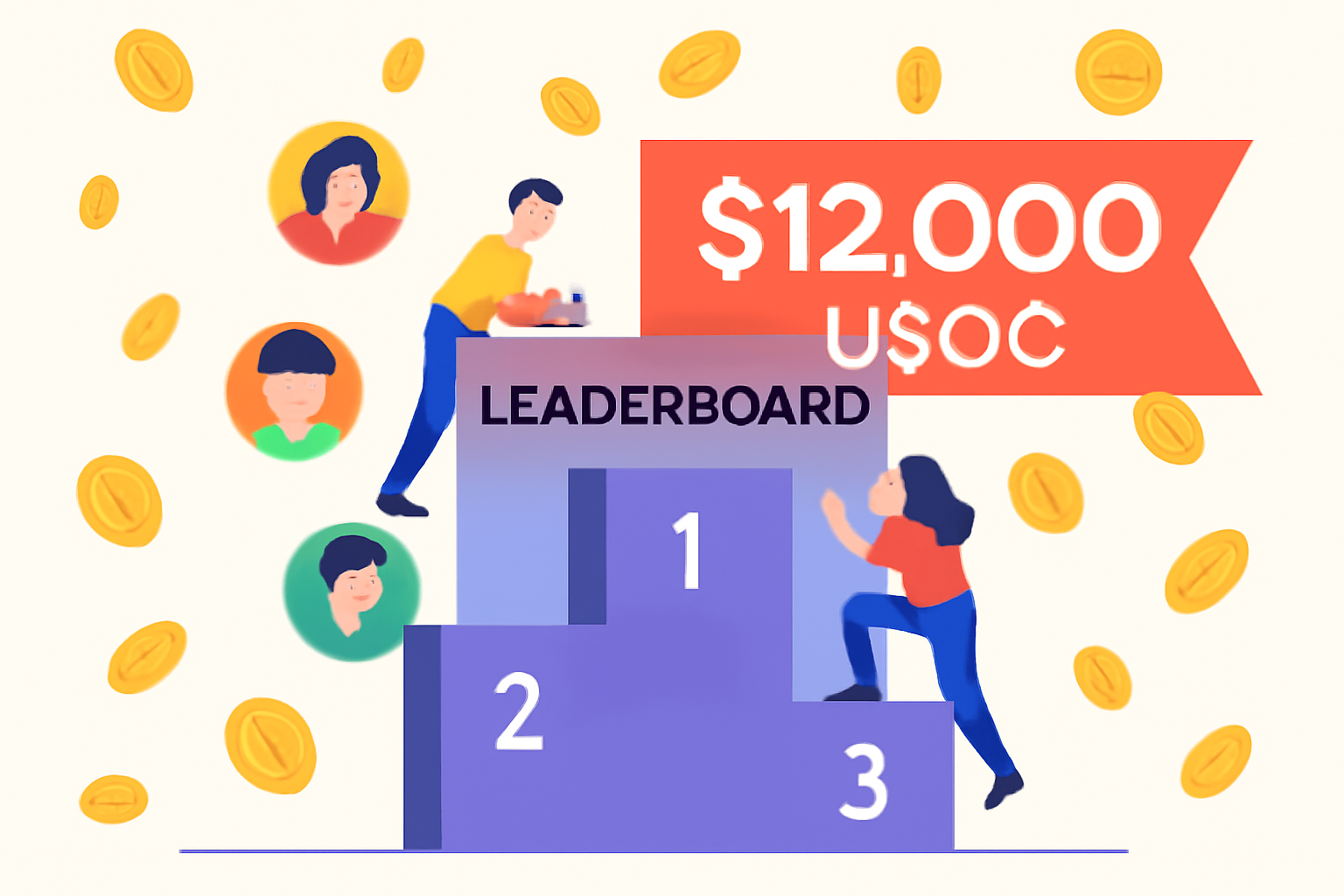 A leaderboard with avatars climbing upwards, coins raining down, and a large $12,000 USDC banner in the background.