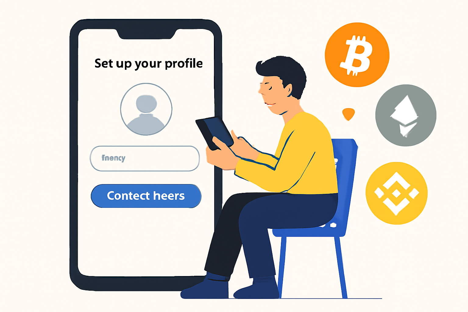 A user setting up a profile on a mobile app, connecting a digital wallet, with crypto icons floating nearby.