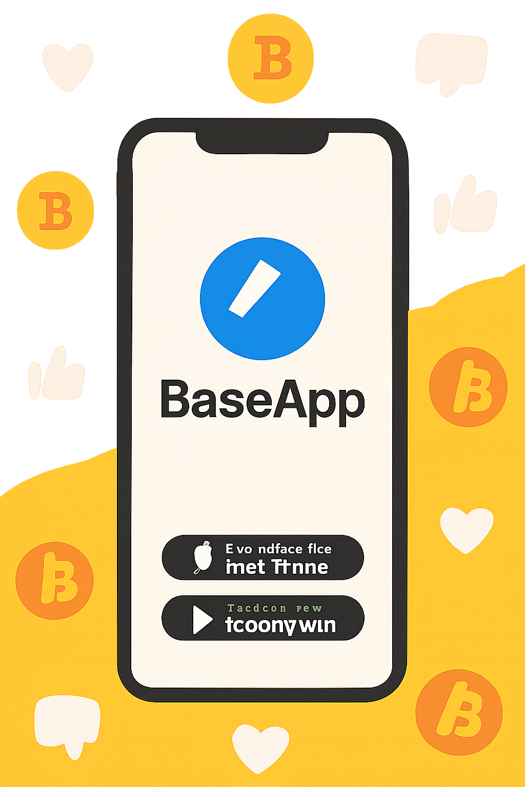 A smartphone screen displaying the BaseApp logo with download icons, set against a vibrant background symbolizing crypto and social media.