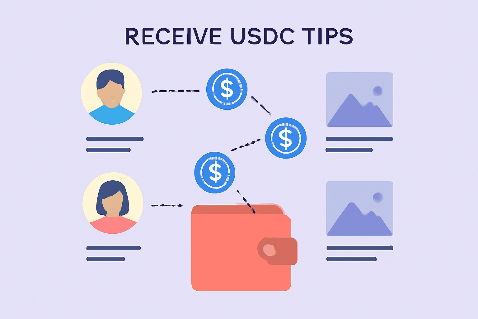 A digital wallet receiving USDC tips, with animated coins moving between user profiles and posts.