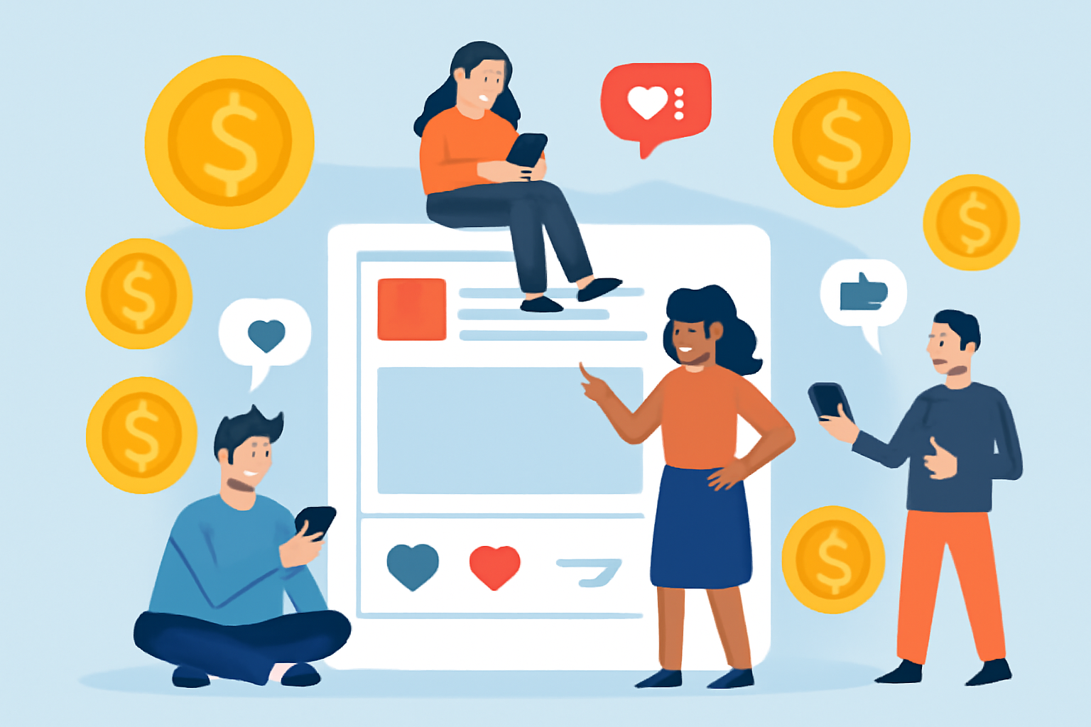 A lively social feed with users interacting, liking, commenting, and sharing posts, with digital coins in the background.