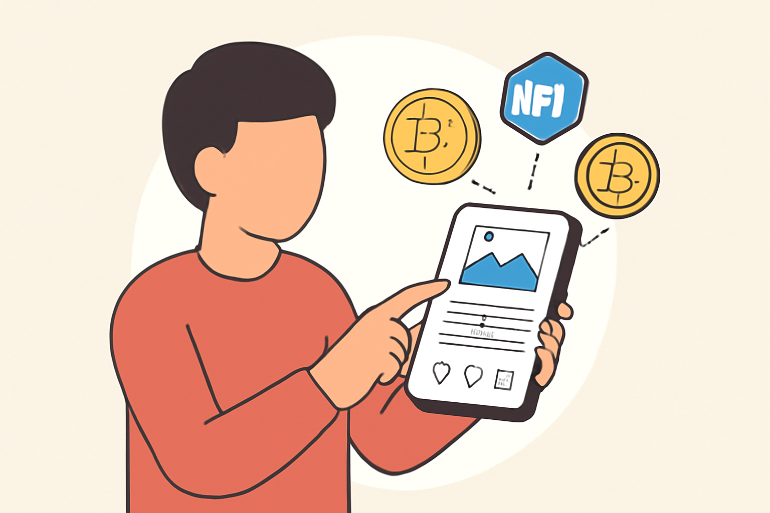 A person creating a social media post on a phone, with digital coins and NFT symbols emerging from the screen.