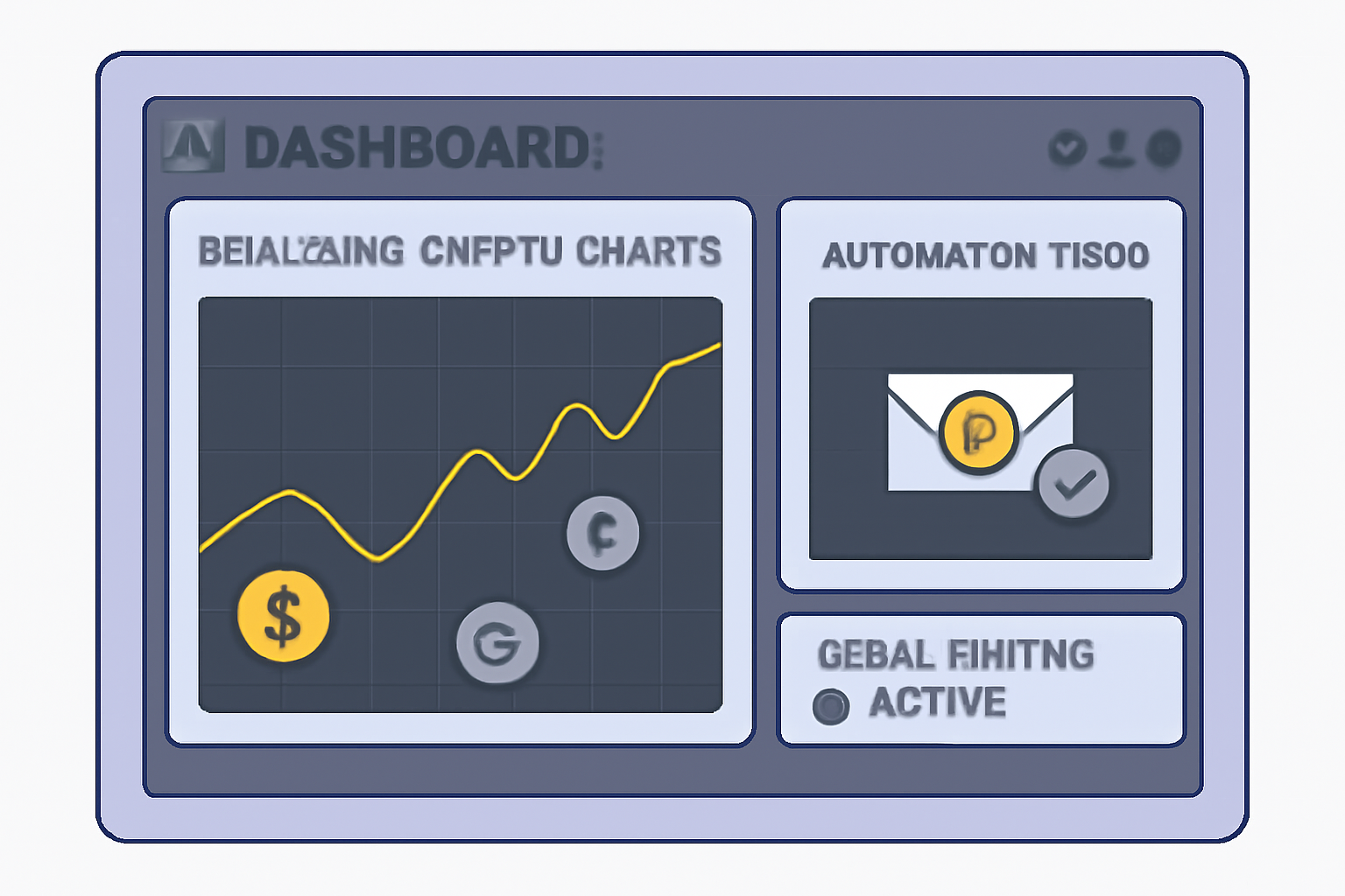An AI dashboard with real-time crypto charts, automated trade notifications, and a status indicator showing 'Rebalancing Active'.