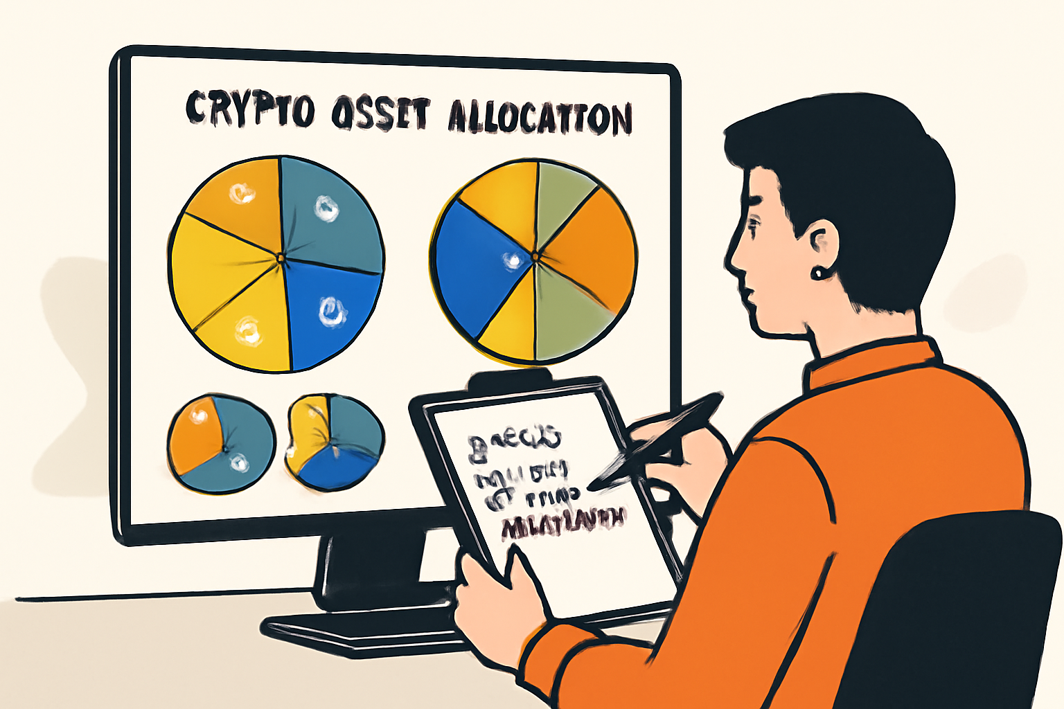A focused investor reviewing a digital dashboard showing pie charts of crypto asset allocations, with a checklist for goals and risk tolerance.