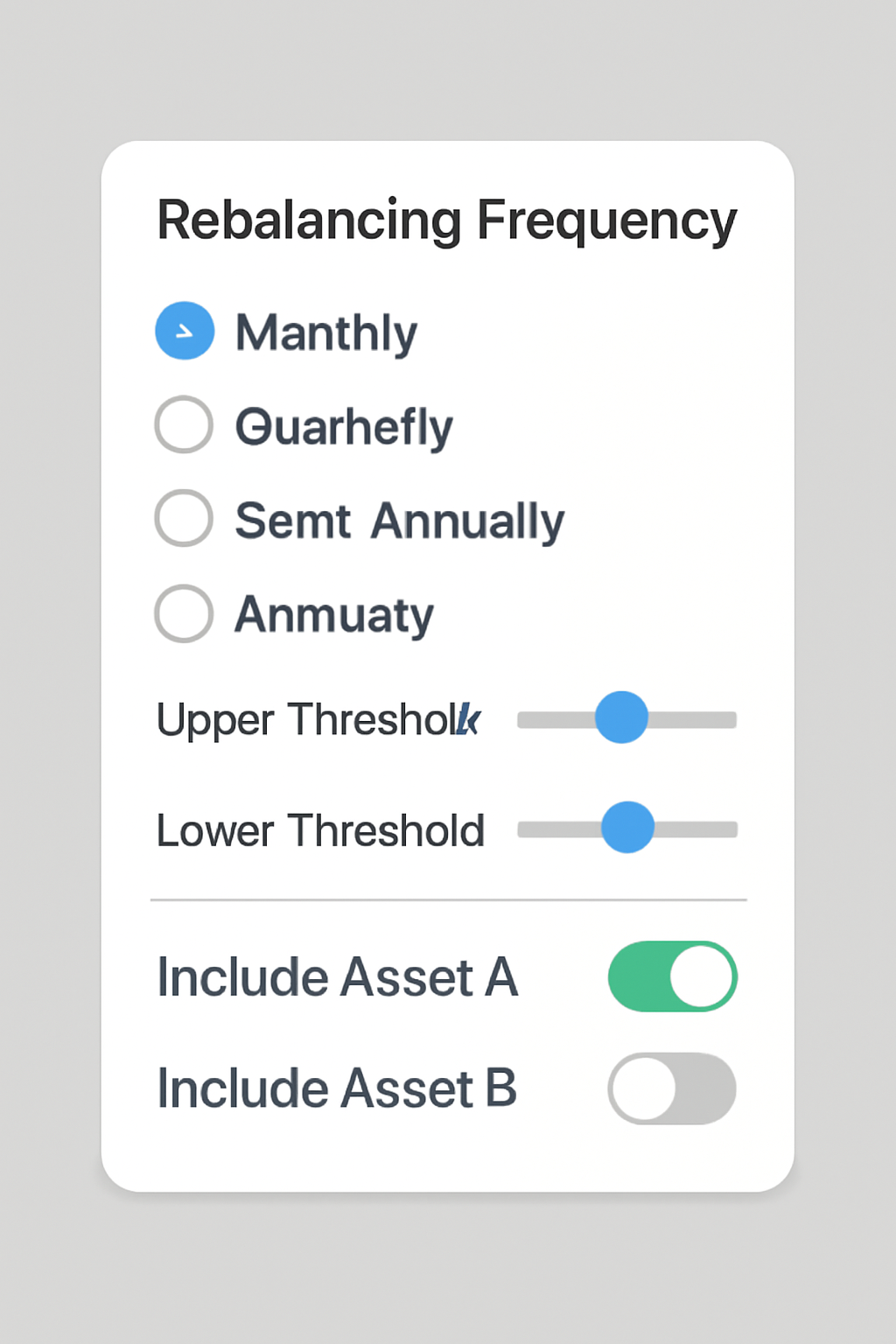 A settings panel showing rebalancing frequency options, sliders for thresholds, and toggles for asset inclusion.