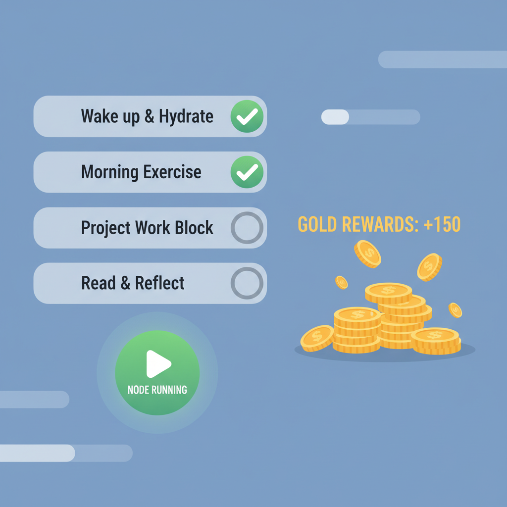 daily task checklist with checks, green node running status, gold rewards accumulating