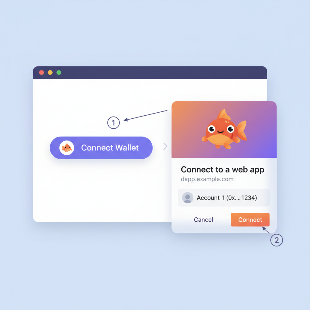 ethereum wallet connecting to web app, metamask popup, goldfish logo, modern UI screenshot style