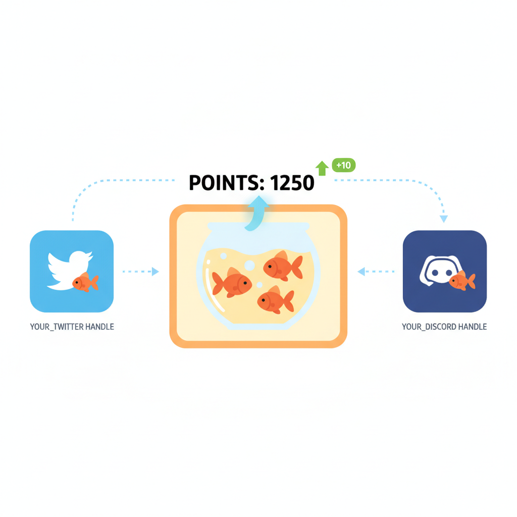 twitter discord icons linking to user profile, points counter rising, goldfish themed