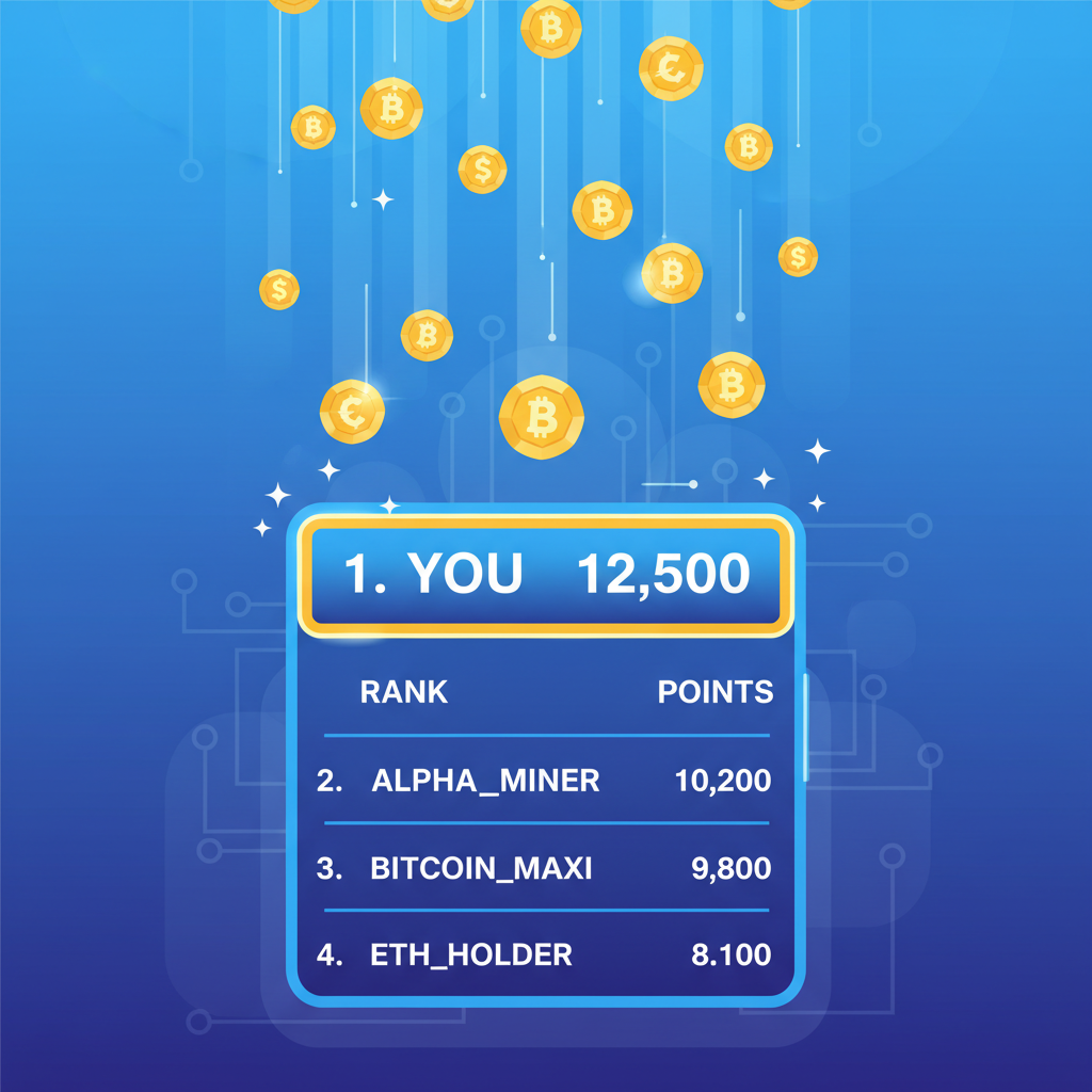 crypto leaderboard with ranks points, user highlighted top, golden tokens falling, exciting vibe