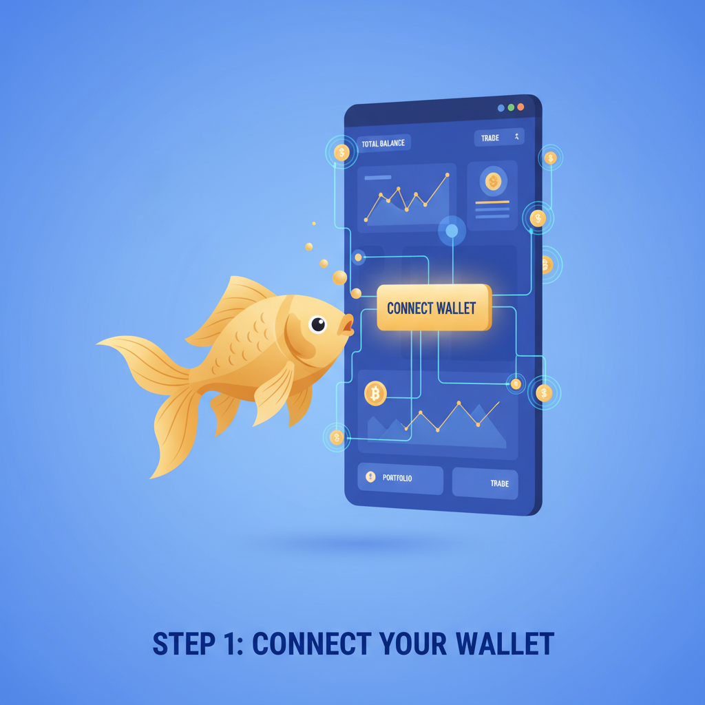 golden fish approaching crypto dashboard website, connect wallet button, blue gold theme, clean illustrative style