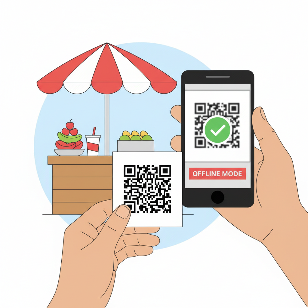 Hand holding printed QR code scanned by phone camera, success checkmark, street vendor table setup, offline mode indicator