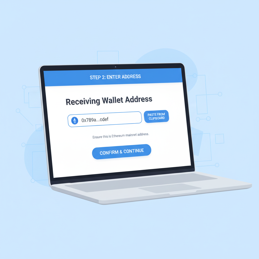 Clean web form on laptop screen with wallet address input field, sample 0x Ethereum address, blue UI accents, technical minimalist style