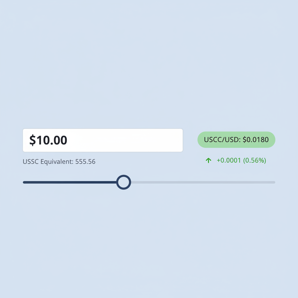 Web interface slider or input for USD amount $10, USDC equivalent display, price ticker showing $0.0180, precise financial UI