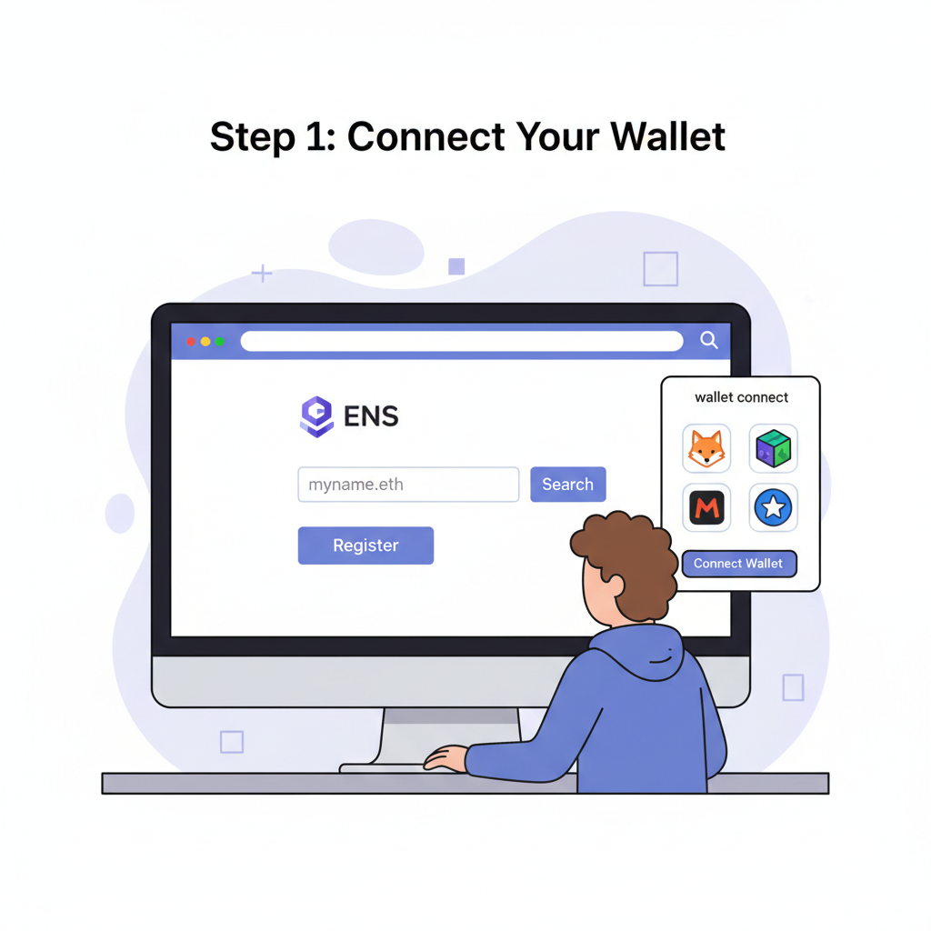 cartoon user registering ENS domain on app.ens.domains website with wallet popup