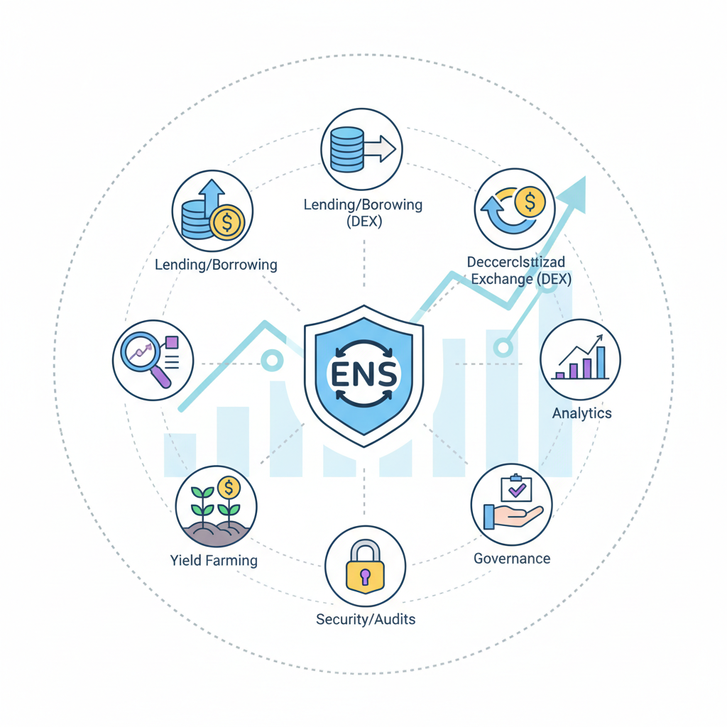 diverse DeFi activities icons around ENS domain with growing graph