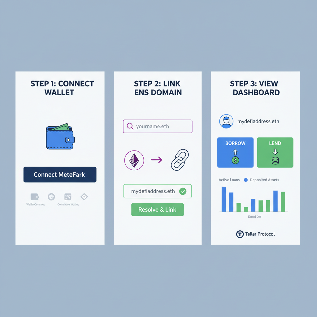 user interface showing ENS linking to DeFi lending dashboard like Teller