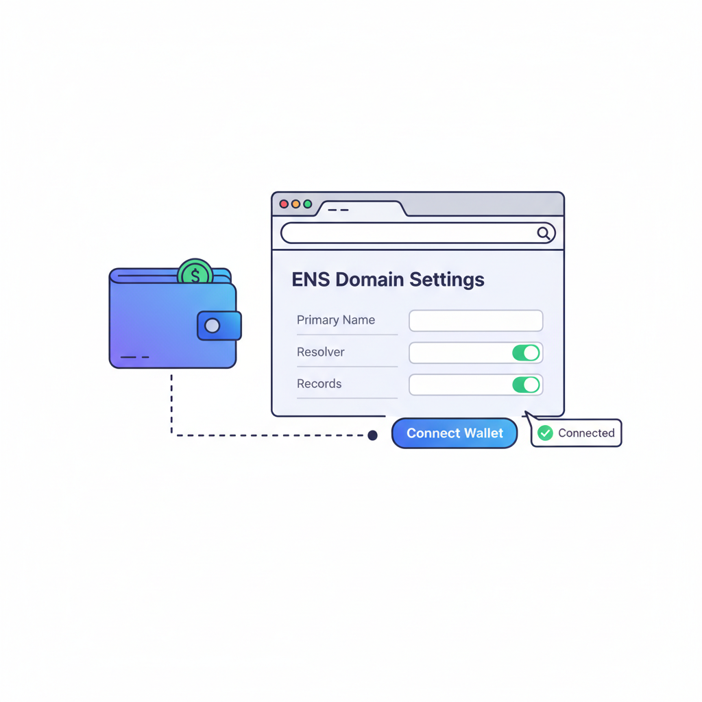 simple illustration of wallet connecting to ENS domain settings page