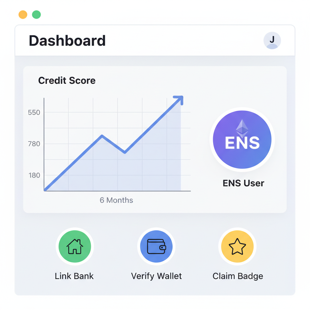 dashboard screenshot with rising credit score graph and ENS badge