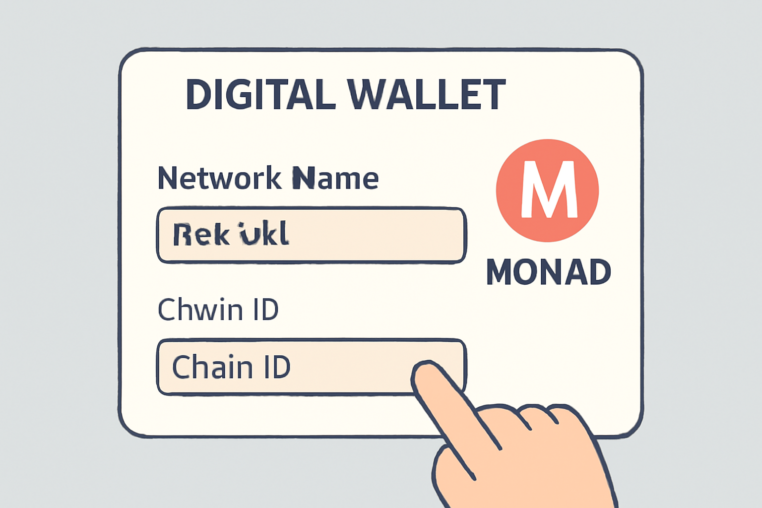 A digital wallet interface with fields for network name, RPC URL, and chain ID, and a Monad logo, highlighting careful entry of network details.