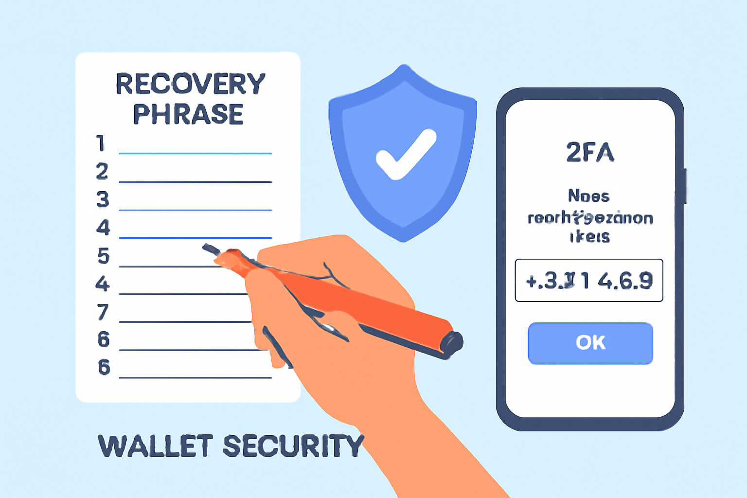 A hand writing a recovery phrase on paper, a shield icon, and a 2FA authentication prompt, emphasizing wallet security.