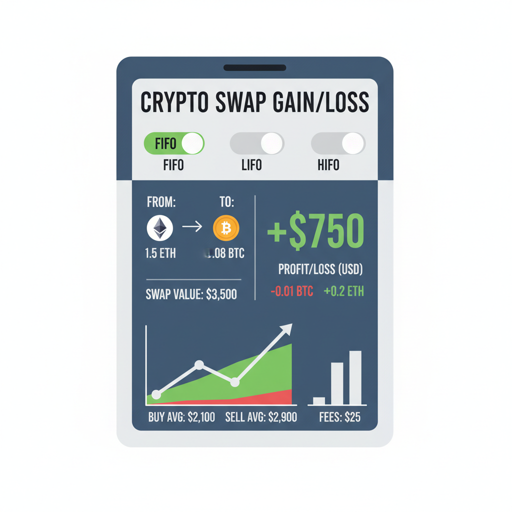 calculator screen showing crypto swap gain loss FIFO LIFO HIFO, numbers and charts, precise financial