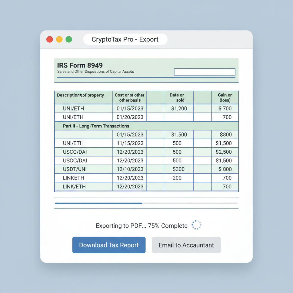 IRS Form 8949 filled with Uniswap crypto swaps, professional tax document export screen