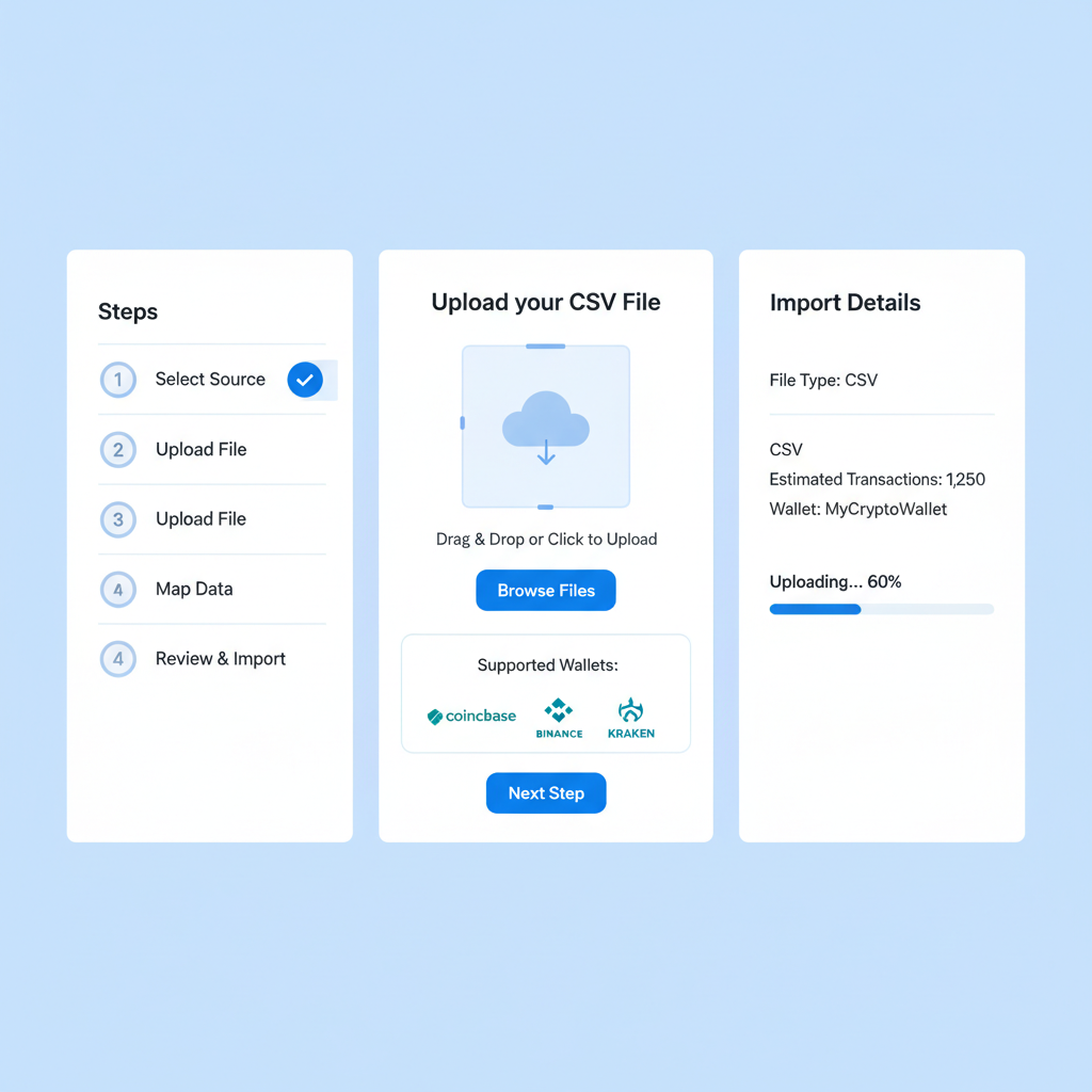 clean interface importing crypto wallet CSV data for tax software, professional dashboard, blue tones