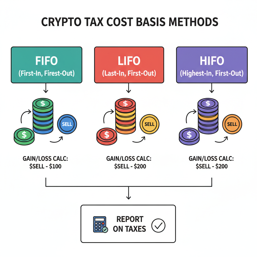 flowchart comparing FIFO LIFO HIFO crypto tax methods, icons for stacks of coins, authoritative diagram