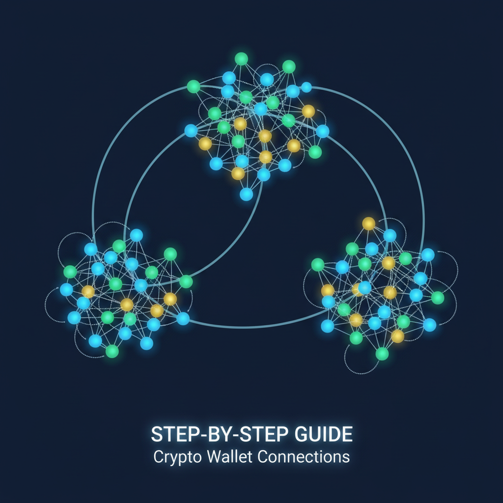 network graph of clustered crypto wallets connected by heuristic lines, dark background, glowing nodes