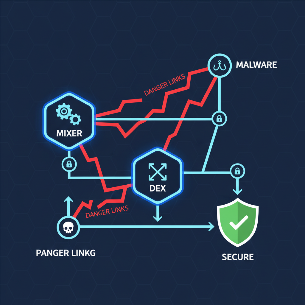 graph traversal path highlighting mixer and DEX nodes, red danger links, cyber security visualization