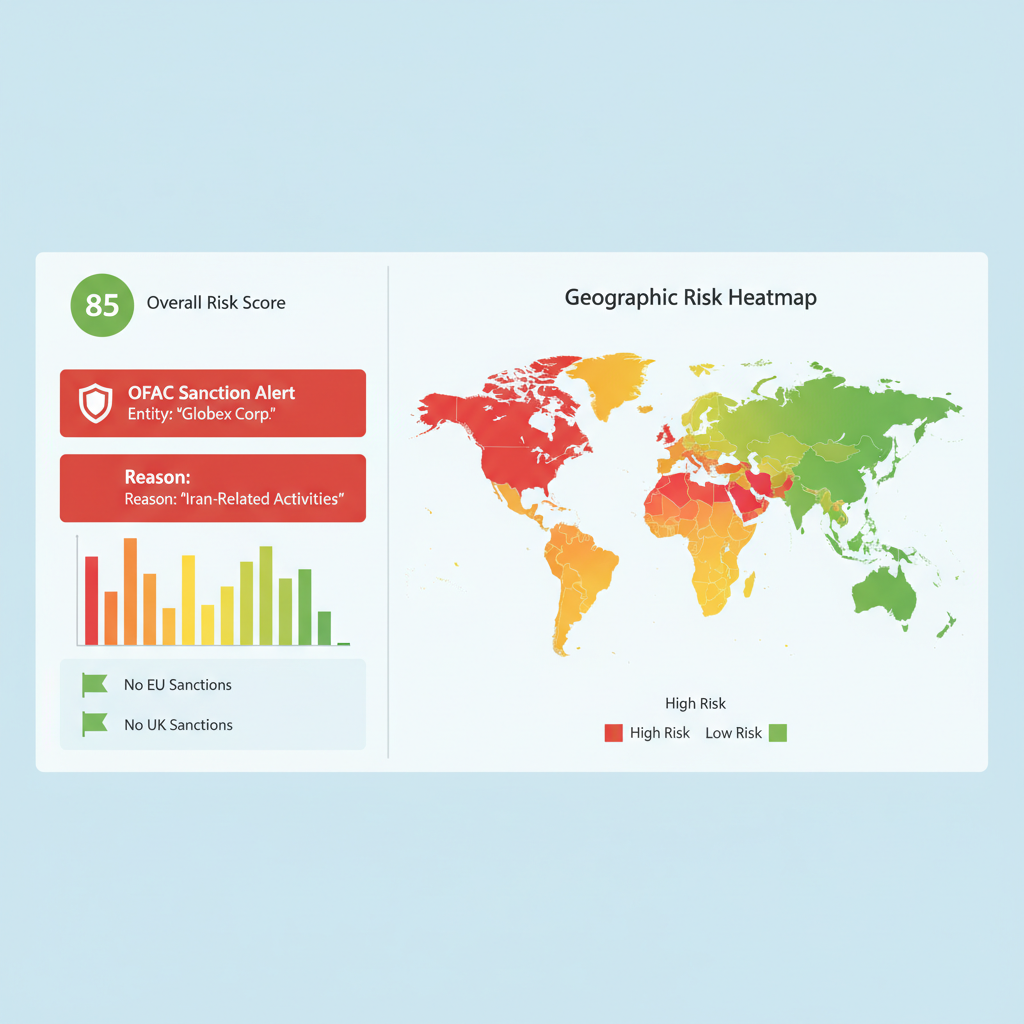 risk scoring dashboard with OFAC sanction flags and heat map, professional interface, red-yellow-green