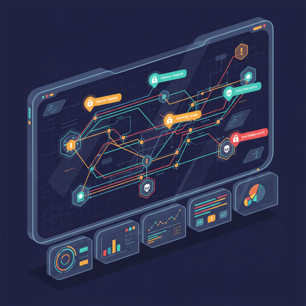 interactive 3D graph of crypto laundering paths with alerts popping up, high-tech dashboard, dramatic lighting