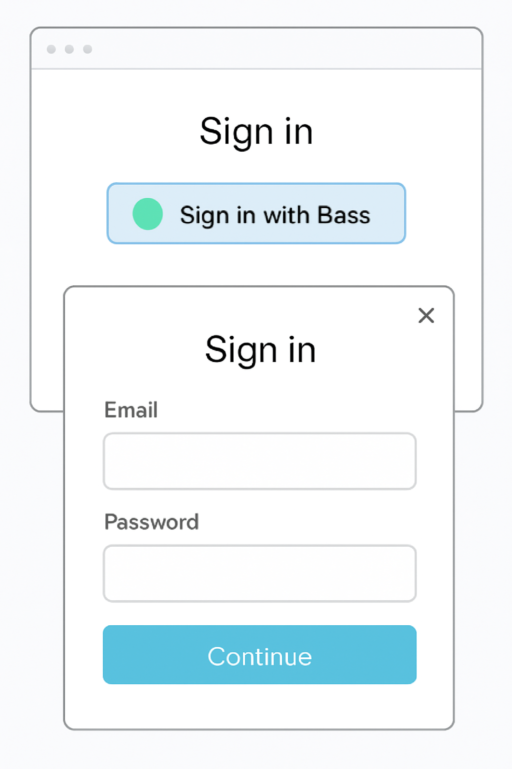 A web app interface showing a 'Sign in with Base' button and a user authentication modal.