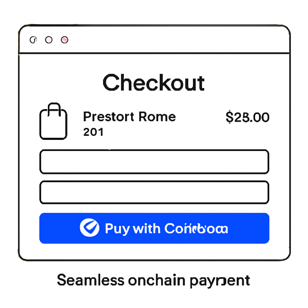 A web checkout UI with a Coinbase-branded button and product details, highlighting seamless onchain payment.