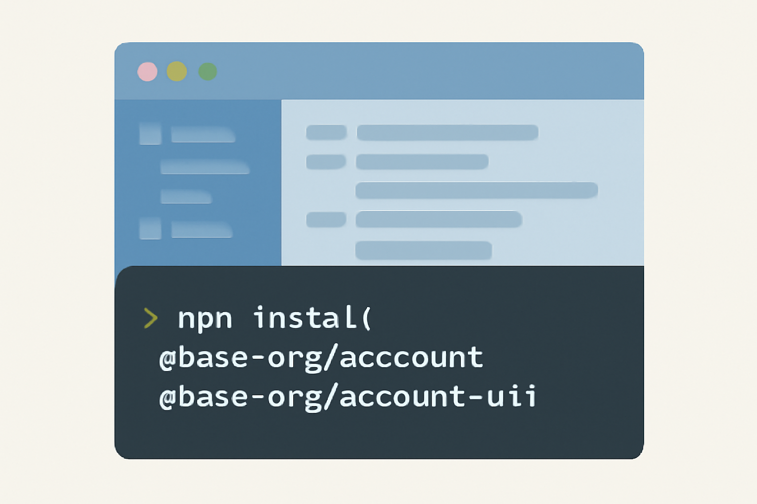 A package manager terminal installing @base-org/account and @base-org/account-ui in a code editor environment.