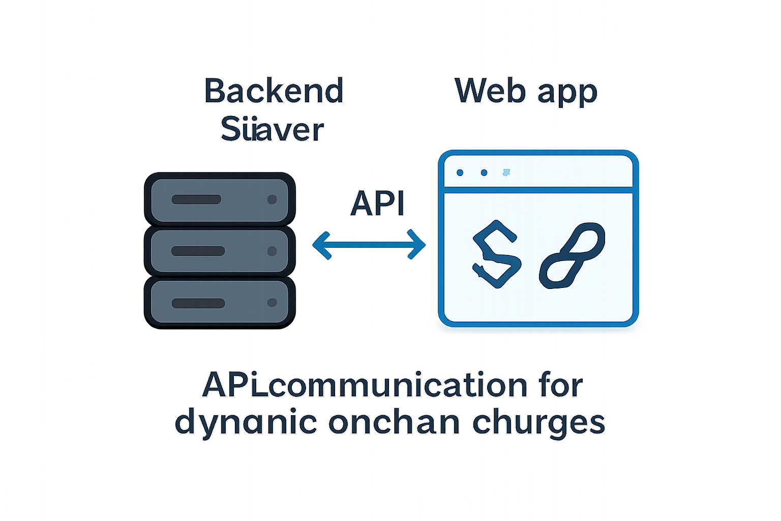 A backend server icon connecting to a web app, illustrating API communication for dynamic onchain charges.