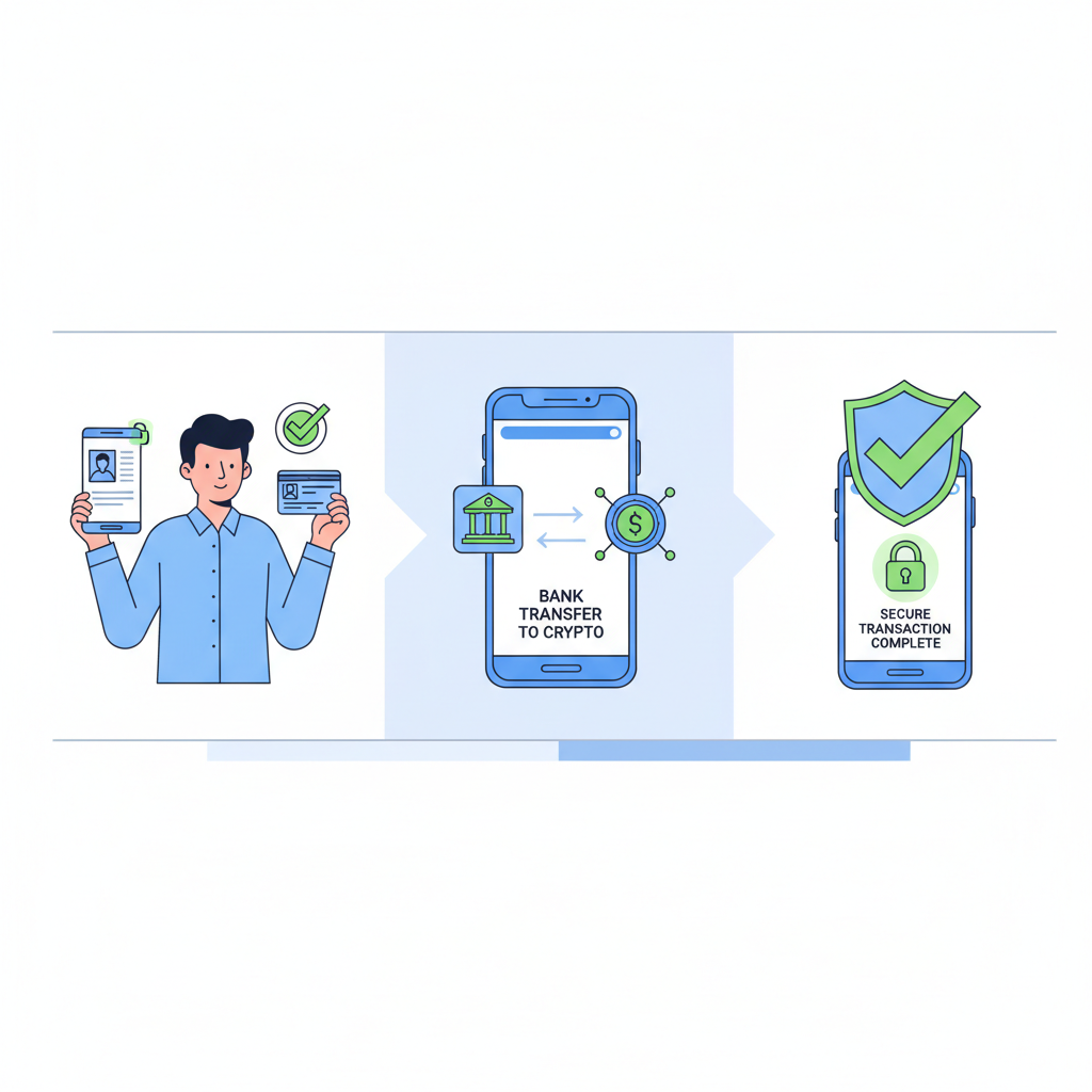 person verifying ID on phone, bank transfer to crypto wallet, secure checkmark, bright professional style
